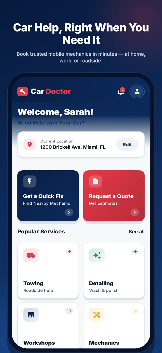 Car Doctor customer home screen showing Quick Fix and Request a Quote actions with popular services