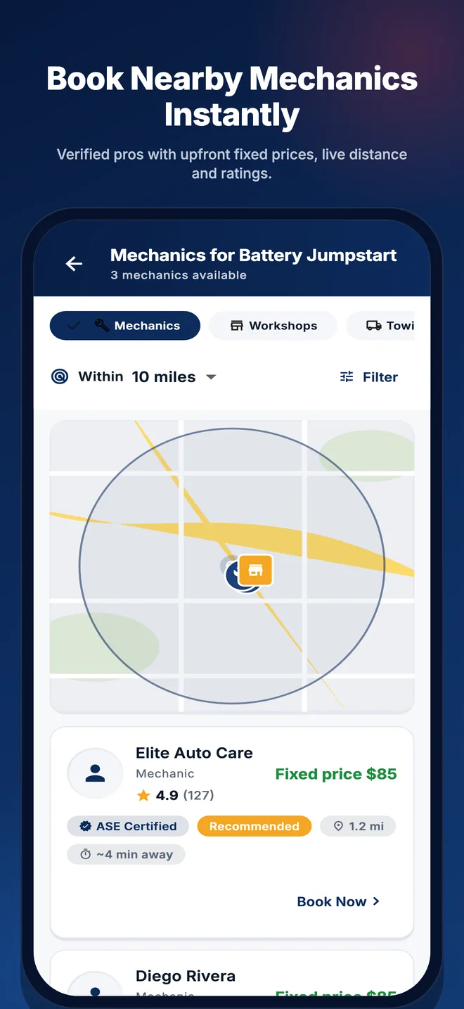 Nearby mechanics list with ratings, distance and fixed prices ready to book instantly