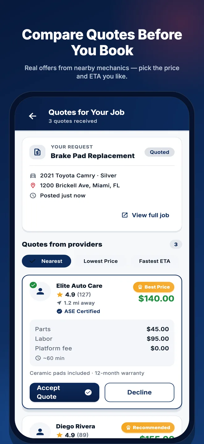 Compare quotes from nearby providers sorted by distance with prices and ETAs