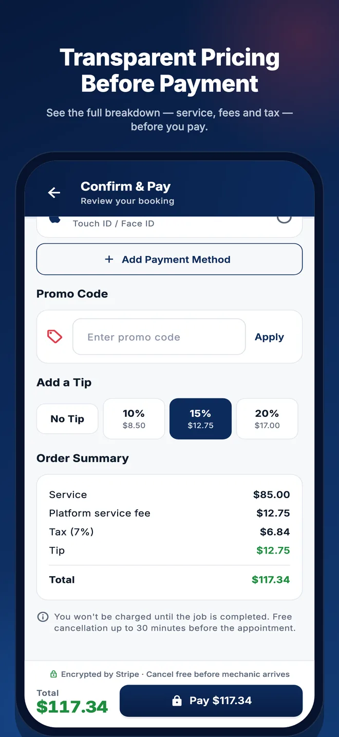 Checkout summary with service amount, platform fee, tax and total before payment