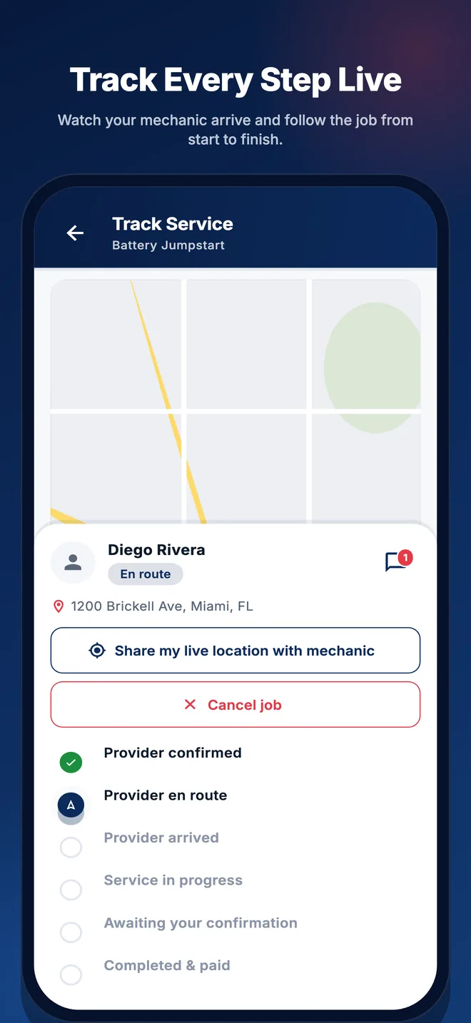 Live map tracking of the mechanic on the way with a job status timeline