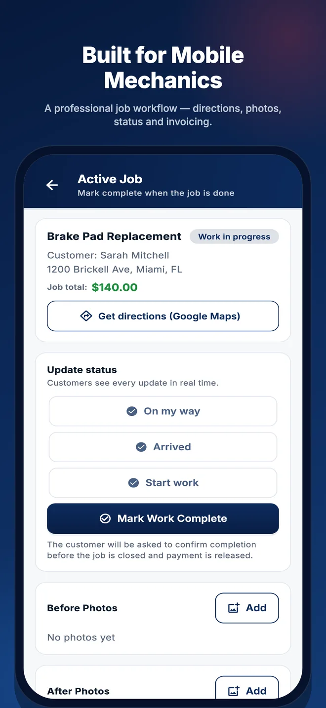Mechanic active job screen with status steps, directions and before and after photos